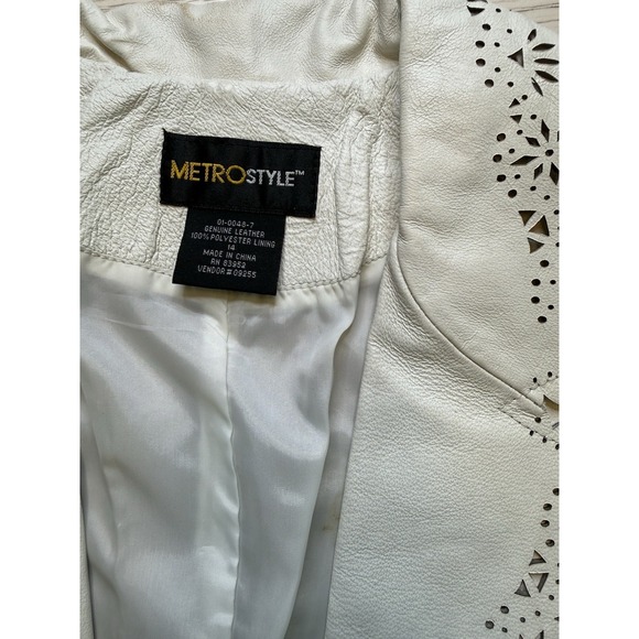 Metrostyle White VTG Leather Women Blazer Laser Cut Detail Bell Sleeve W Belt 14 - Picture 6 of 11